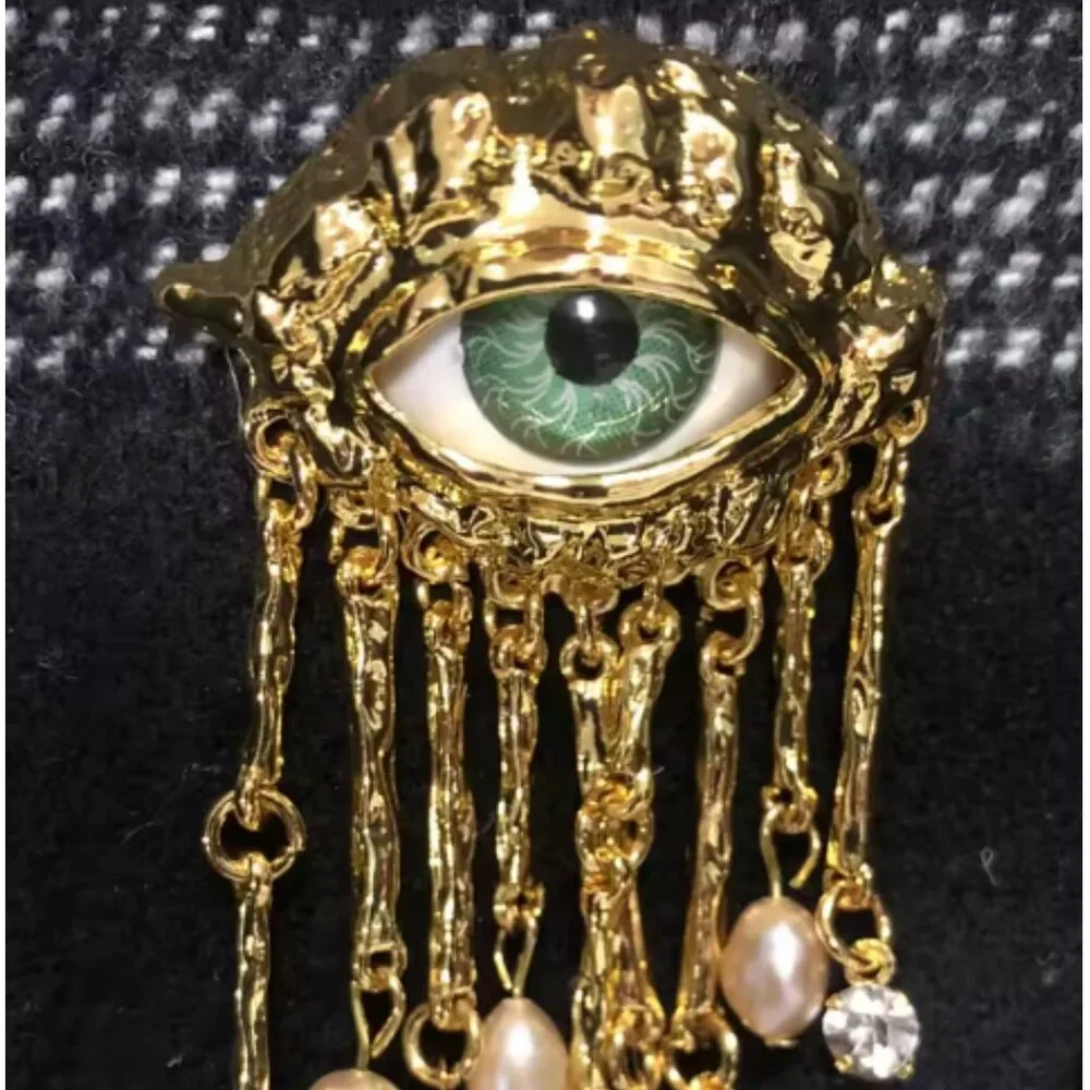 Schiaparelli Inspired Surrealist Evil Eye Brooch Pearl Tassel - NEW